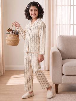 Lil Tomatoes - Girls Cream Cotton Knit Floral Printed Shirt with Pyjama