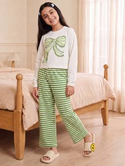 Lil Tomatoes - Girls Green Stripes Printed T-shirt with Pyjama