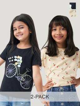 Kauma - Girls Multi-Color Embroidered Printed T-shirts (Pack of 2)