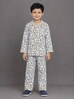 The Little Tales - Boys White-Black Printed Shirt with Pyjama