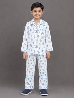 The Little Tales - Boys White-Blue Penguin Printed Shirt with Pyjama