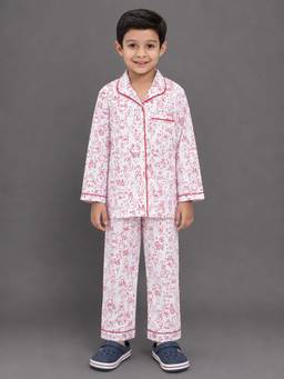 The Little Tales - Boys White-Red Printed Shirt with Pyjama
