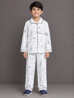 The Little Tales - Boys White Sky Printed Shirt with Pyjama
