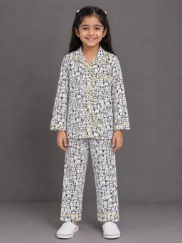 The Little Tales - Girls White-Black Printed Shirt with Pyjama
