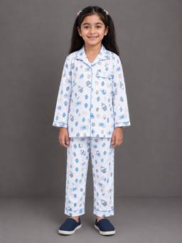 The Little Tales - Girls White-Blue Penguin Printed Shirt with Pyjama
