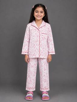 The Little Tales - Girls White-Red Printed Shirt with Pyjama