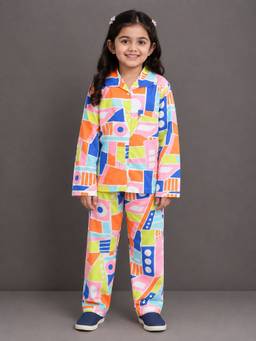 The Little Tales - Girls Multi-Color Abstract Printed Shirt with Pyjama