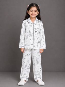 The Little Tales - Girls White Sky Printed Shirt with Pyjama