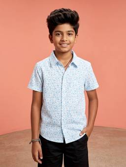 KiddoPanti - Boys Blue Cotton Half Sleeves Tropical Printed Shirt