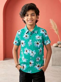 KiddoPanti - Boys Green Cotton Half Sleeves Floral Printed Shirt