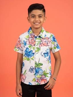 KiddoPanti - Boys Off White Cotton Half Sleeves Floral Printed Shirt