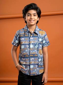 KiddoPanti - Boys Grey Cotton Half Sleeves Printed Shirt