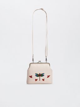 Miri - Ivory Hand Embroidered Metallic Dragonfly Clutch