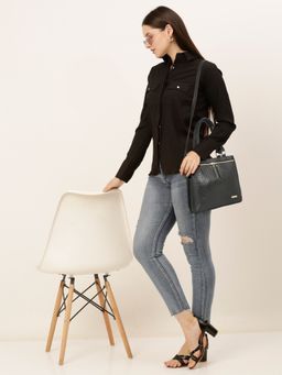 Teakwood - Women Black Texture Leather Structured Handheld Bag