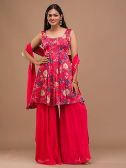Koskii - Red Printed Semi Crepe Readymade Kurta with Sharara & Dupatta (Set of 3)