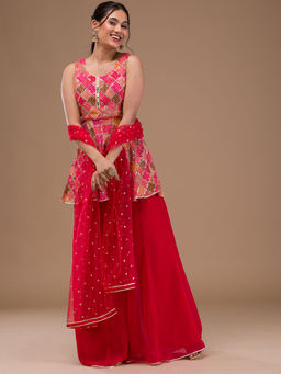 Koskii - Red Georgette Readymade Kurti with Palazzo & Dupatta (Set of 3)