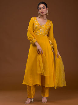 Koskii - Mustard Sequins Georgette Readymade Angarkha Kurta with Pant & Dupatta (Set of 3)