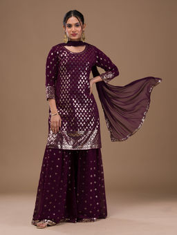 Koskii - Wine Sequins Georgette Readymade Kurta with Sharara & Dupatta (Set of 3)