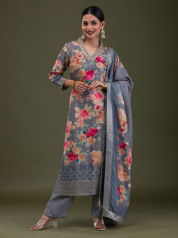 Koskii - Dark Grey Printed Semi Crepe Readymade Kurta with Pant & Dupatta (Set of 3)