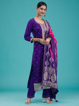 Koskii - Purple Zari Work Crepe Readymade Kurta with Pant & Dupatta (Set of 3)