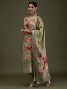 Koskii - Pista Green Printed Semi Crepe Readymade Kurta with Pant & Dupatta (Set of 3)