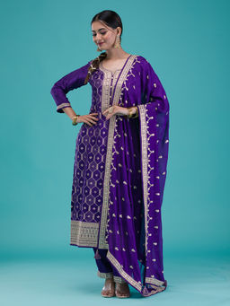 Koskii - Purple Zari Work Crepe Readymade Kurta with Pant & Dupatta (Set of 3)