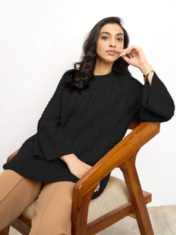 SALT Attire - Black A-line Cable Knit Raglan Crew Neck with Bell Sleeves Sweater