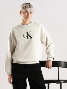 Calvin Klein - Relaxed Fit Cotton Crew Neck Beige Sweatshirt