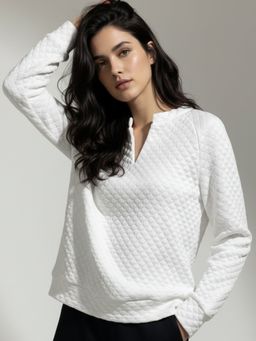 Outzidr - White Textured V Neck Sweatshirt