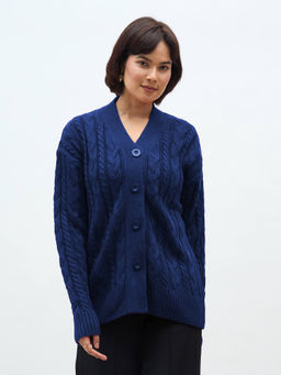 SALT Attire - Navy Blue V-Neck Button Down Opening Cable Knit Full Length Sleeves Cardigan
