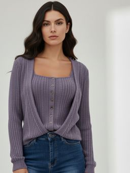 Outzidr - Purple Textured Button Up Cardigan Styled Sweater