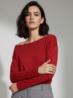 Outzidr - Red Boat Neck Solid Basic Sweater