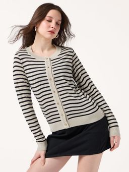 Outzidr - Beige Thin Striped Cardigan