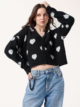 Outzidr - Black Fuzzy Hearts Cardigan