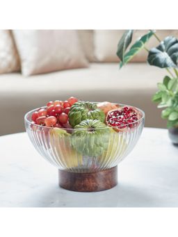 HomeTown - Nelumbra Glass and Wood Glass Bowl in Transparent & Brown Colour