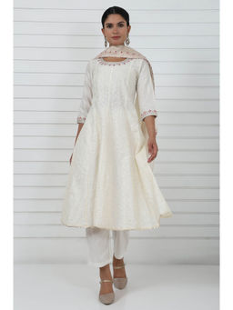 Aurelia - Women White Embroidered Anarkali Kurta with Pant and Dupatta