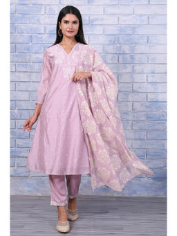 W - Purple Embroidered Kurta with Pant and Dupatta for Women