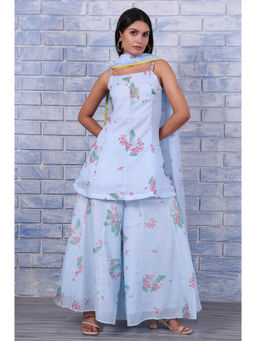 W - Blue Floral Kurta with Palazzo and Dupatta for Women