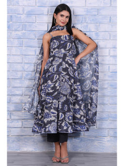W - Grey Floral Kurta with Pant and Dupatta for Women