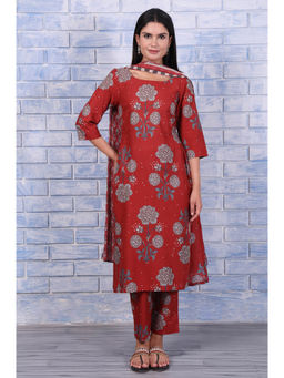W - Red Floral Kurta with Pant and Dupatta for Women