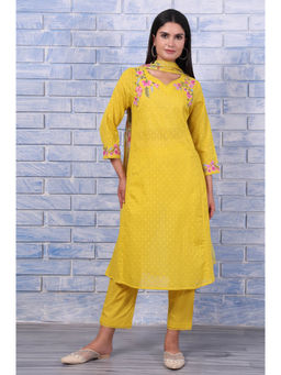 W - Yellow Floral Kurta with Pant and Dupatta for Women