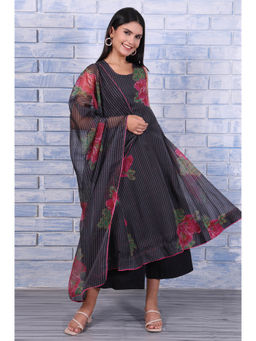 W - Black Floral Kurta with Palazzo and Dupatta for Women