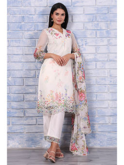 W - Floral White Kurta with Pant and Dupatta for Women