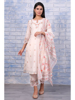 W - Floral White Kurta with Pant and Dupatta for Women