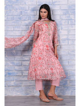 W - Pink Floral Kurta with Pant and Dupatta for Women