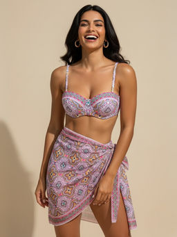 WomanLikeU - Pink Printed Bikini Top and Bottom with Sarong (Set of 3)