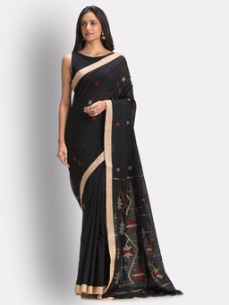 Angoshobha - Black Handloom Cotton Jamdani Saree with Unstitched Blouse