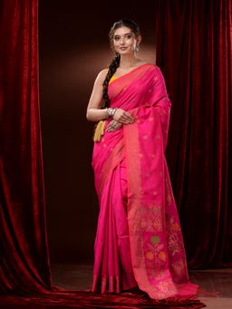 CHARUKRITI - Fuchsia Cotton Blend Handwoven Ethnic Motifs & Floral Pallu Saree with Unstitched Blouse