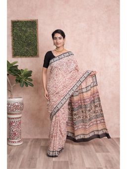 KISHORI - Bagru Worli Hand Block Printed Cotton Mulmul Saree with Unstitched Blouse - Beige