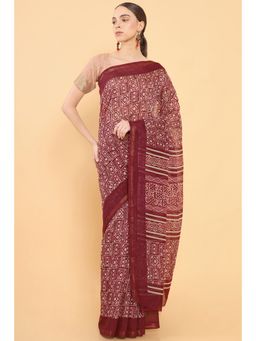 Soch - Women Maroon Chanderi Printed Saree with Unstitched Blouse
